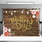 Aperturee - Aperturee Rustic Mother’s Day Backdrop Wood Floor and String Lights Floral Photo Background