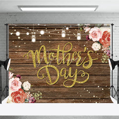 Aperturee - Aperturee Rustic Mother’s Day Backdrop Wood Floor and String Lights Floral Photo Background