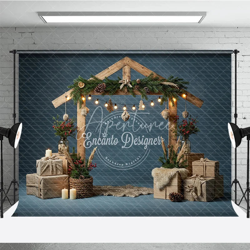 Aperturee - Aperturee Rustic Nativity Manger Arch Photography Backdrop Wooden Stable for Christmas Religious Holiday Photo Background