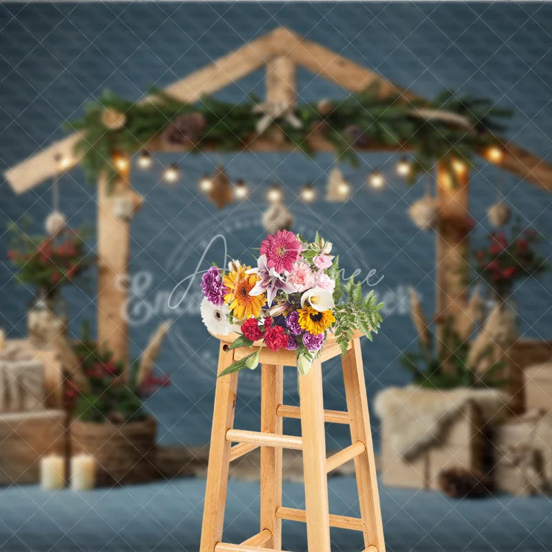 Aperturee - Aperturee Rustic Nativity Manger Arch Photography Backdrop Wooden Stable for Christmas Religious Holiday Photo Background