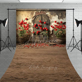 Aperturee - Aperturee Rustic Old Arch Door Red Tulips Backdrop Vintage Grunge Stone Wall Dirt Floor Spring Photography Background