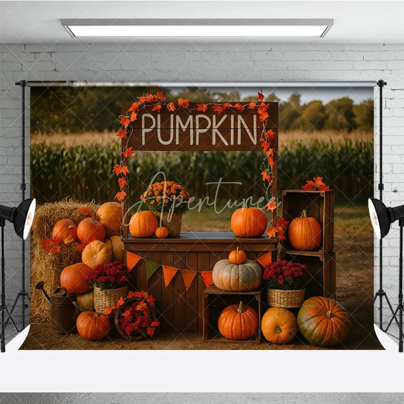 Aperturee - Aperturee Rustic Pumpkin Patch Stand Photography Backdrop Autumn Harvest Scene with Hay Bales Fall Mini Session Background