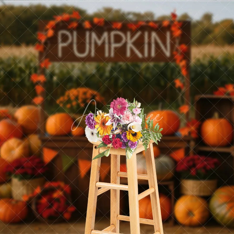 Aperturee - Aperturee Rustic Pumpkin Patch Stand Photography Backdrop Autumn Harvest Scene with Hay Bales Fall Mini Session Background