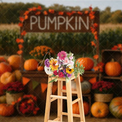 Aperturee - Aperturee Rustic Pumpkin Patch Stand Photography Backdrop Autumn Harvest Scene with Hay Bales Fall Mini Session Background