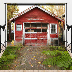 Aperturee - Aperturee Rustic Red Barn and Fern Floor Combo Set Backdrop Autumn Garage Scene Farmhouse Photography Studio Prop