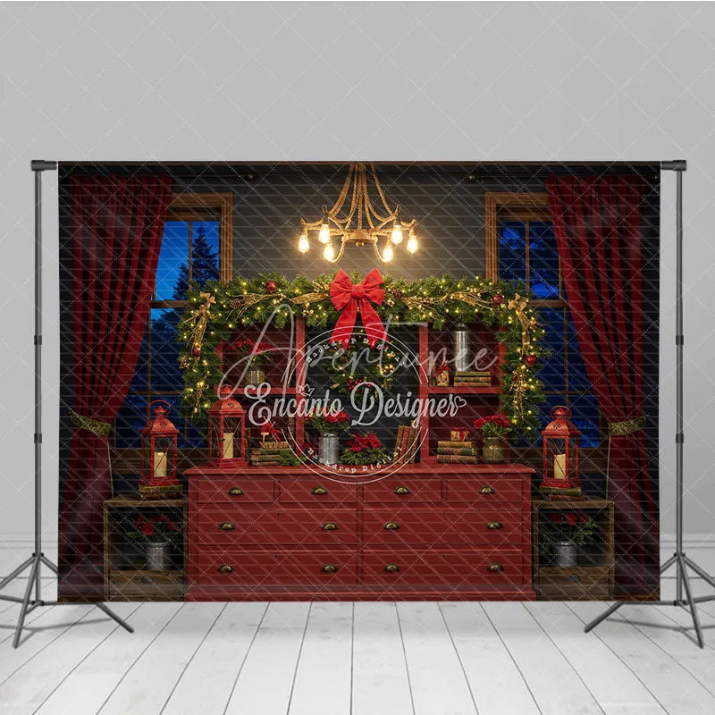 Aperturee - Aperturee Rustic Red Hutch Christmas Photography Backdrop Cozy Farmhouse Decor Holiday Mini Session Background