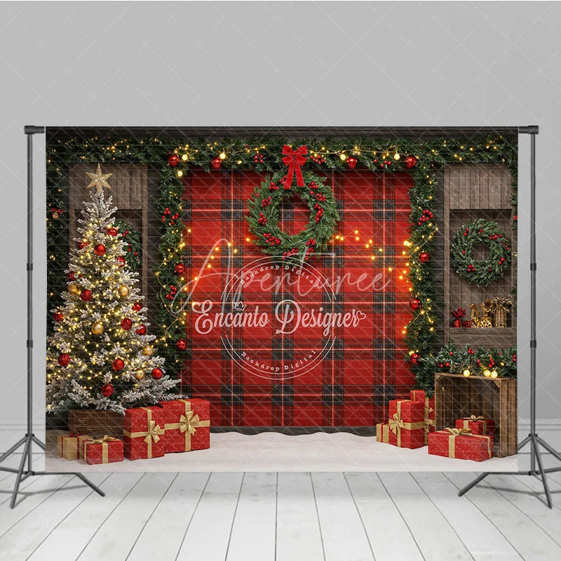Aperturee - Aperturee Rustic Red Plaid Christmas Photography Backdrop Farmhouse Decor with Flocked Tree Buffalo Check Background