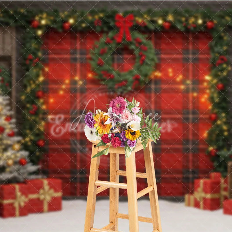 Aperturee - Aperturee Rustic Red Plaid Christmas Photography Backdrop Farmhouse Decor with Flocked Tree Buffalo Check Background