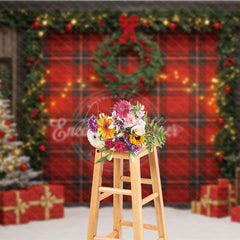Aperturee - Aperturee Rustic Red Plaid Christmas Photography Backdrop Farmhouse Decor with Flocked Tree Buffalo Check Background