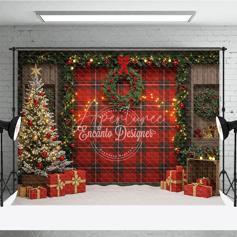Aperturee - Aperturee Rustic Red Plaid Christmas Photography Backdrop Farmhouse Decor with Flocked Tree Buffalo Check Background