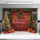Aperturee - Aperturee Rustic Red Plaid Christmas Photography Backdrop Farmhouse Decor with Flocked Tree Buffalo Check Background