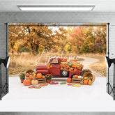 Aperturee - Aperturee Rustic Red Vintage Truck with Pumpkins and Hay Bales Autumn Leaves Photography Backdrop Fall Harvest Decor