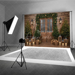 Aperturee - Aperturee Rustic Ski Lodge Christmas Photography Backdrop Wooden Door with Garland and Lanterns Cozy Holiday Cabin Background