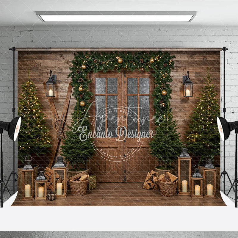 Aperturee - Aperturee Rustic Ski Lodge Christmas Photography Backdrop Wooden Door with Garland and Lanterns Cozy Holiday Cabin Background