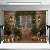 Aperturee - Aperturee Rustic Ski Lodge Christmas Photography Backdrop Wooden Door with Garland and Lanterns Cozy Holiday Cabin Background