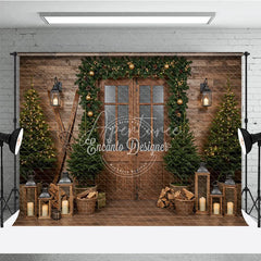 Aperturee - Aperturee Rustic Ski Lodge Christmas Photography Backdrop Wooden Door with Garland and Lanterns Cozy Holiday Cabin Background