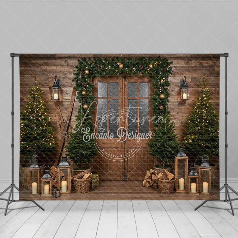 Aperturee - Aperturee Rustic Ski Lodge Christmas Photography Backdrop Wooden Door with Garland and Lanterns Cozy Holiday Cabin Background