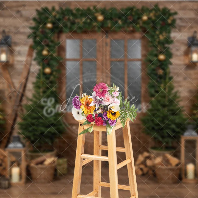 Aperturee - Aperturee Rustic Ski Lodge Christmas Photography Backdrop Wooden Door with Garland and Lanterns Cozy Holiday Cabin Background