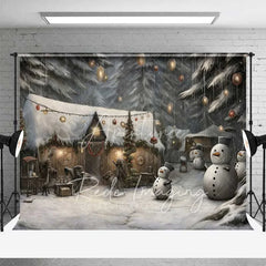 Aperturee - Aperturee Rustic Snowman Village Backdrop Snowy Wooden Huts Winter Night Illustration Photo Background
