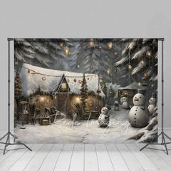 Aperturee - Aperturee Rustic Snowman Village Backdrop Snowy Wooden Huts Winter Night Illustration Photo Background