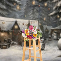 Aperturee - Aperturee Rustic Snowman Village Backdrop Snowy Wooden Huts Winter Night Illustration Photo Background