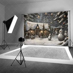 Aperturee - Aperturee Rustic Snowman Village Backdrop Snowy Wooden Huts Winter Night Illustration Photo Background