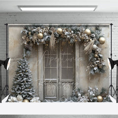 Aperturee - Aperturee Rustic Snowy Door Photography Backdrop Champagne and Silver Garland Flocked Tree Winter Holiday Background