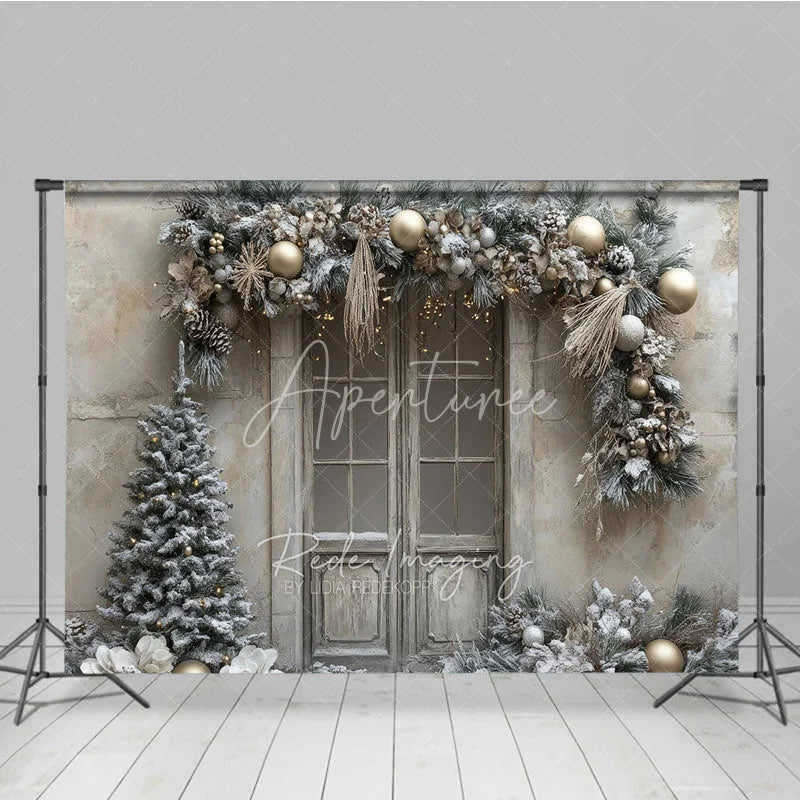 Aperturee - Aperturee Rustic Snowy Door Photography Backdrop Champagne and Silver Garland Flocked Tree Winter Holiday Background