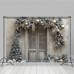 Aperturee - Aperturee Rustic Snowy Door Photography Backdrop Champagne and Silver Garland Flocked Tree Winter Holiday Background