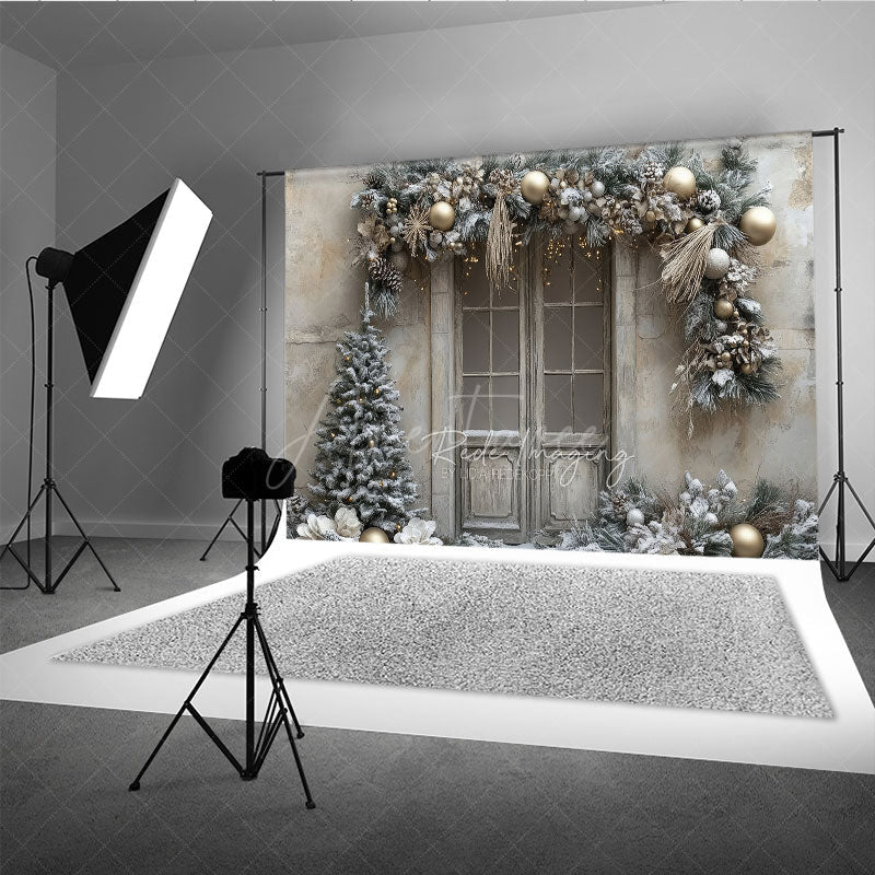 Aperturee - Aperturee Rustic Snowy Door Photography Backdrop Champagne and Silver Garland Flocked Tree Winter Holiday Background