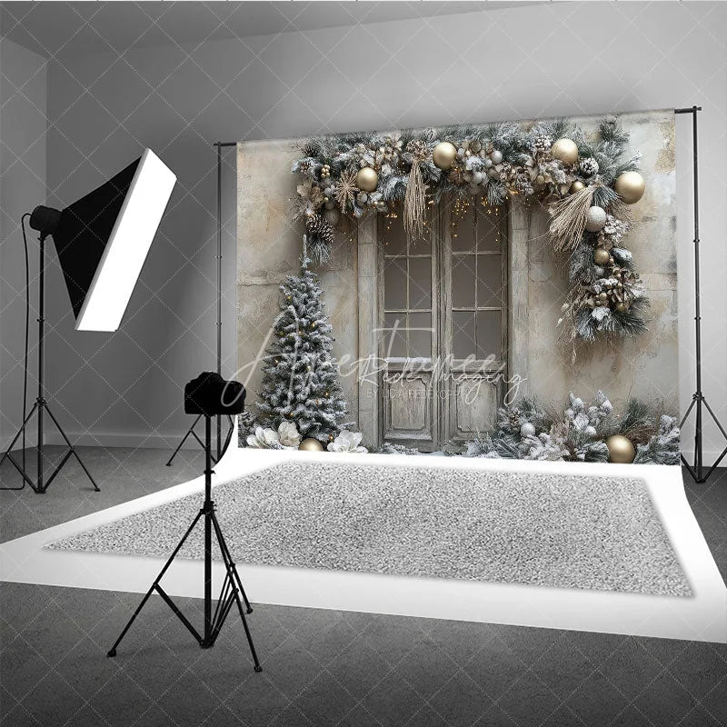 Aperturee - Aperturee Rustic Snowy Door Photography Backdrop Champagne and Silver Garland Flocked Tree Winter Holiday Background