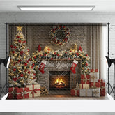 Aperturee - Aperturee Rustic Stone Fireplace Photography Backdrop Christmas Tree with Stockings Cozy Holiday Mini Session Background