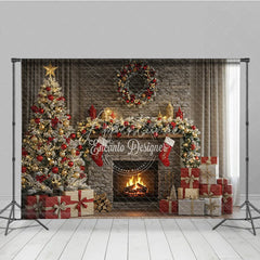 Aperturee - Aperturee Rustic Stone Fireplace Photography Backdrop Christmas Tree with Stockings Cozy Holiday Mini Session Background