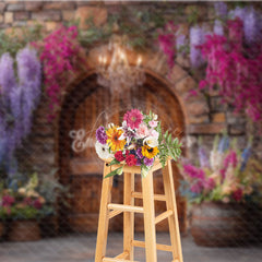 Aperturee - Aperturee Rustic Stone Wall and Door Photography Backdrop Colorful Spring Flowers Winery Wedding Photo Background