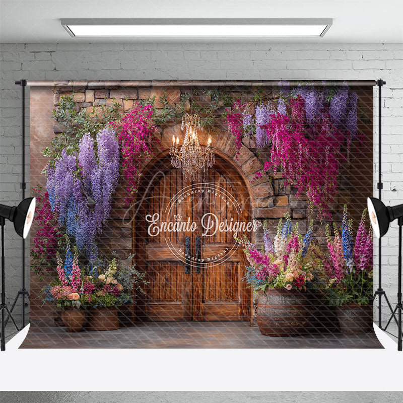 Aperturee - Aperturee Rustic Stone Wall and Door Photography Backdrop Colorful Spring Flowers Winery Wedding Photo Background