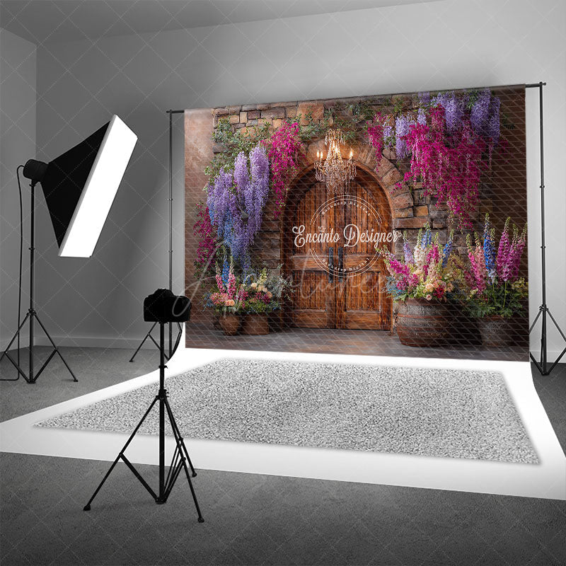 Aperturee - Aperturee Rustic Stone Wall and Door Photography Backdrop Colorful Spring Flowers Winery Wedding Photo Background
