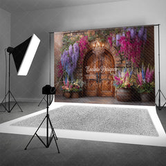 Aperturee - Aperturee Rustic Stone Wall and Door Photography Backdrop Colorful Spring Flowers Winery Wedding Photo Background
