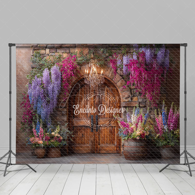 Aperturee - Aperturee Rustic Stone Wall and Door Photography Backdrop Colorful Spring Flowers Winery Wedding Photo Background