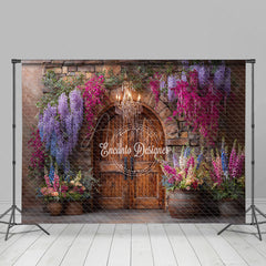 Aperturee - Aperturee Rustic Stone Wall and Door Photography Backdrop Colorful Spring Flowers Winery Wedding Photo Background