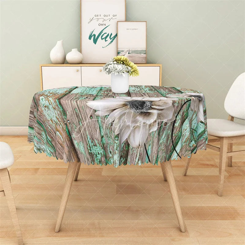 Aperturee - Aperturee Rustic Teal Wood Daisy Round Tablecloth Vintage White Flower Wooden Table Cover for Kitchen