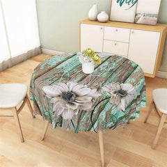 Aperturee - Aperturee Rustic Teal Wood Daisy Round Tablecloth Vintage White Flower Wooden Table Cover for Kitchen
