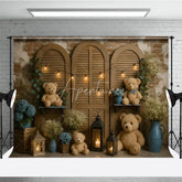 Aperturee - Aperturee Rustic Teddy Bear Cake Smash Photography Backdrop Shutter Doors with String Lights Baby’s Breath Floral Decor