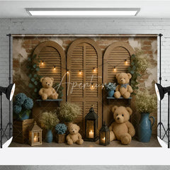 Aperturee - Aperturee Rustic Teddy Bear Cake Smash Photography Backdrop Shutter Doors with String Lights Baby’s Breath Floral Decor
