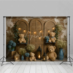 Aperturee - Aperturee Rustic Teddy Bear Cake Smash Photography Backdrop Shutter Doors with String Lights Baby’s Breath Floral Decor