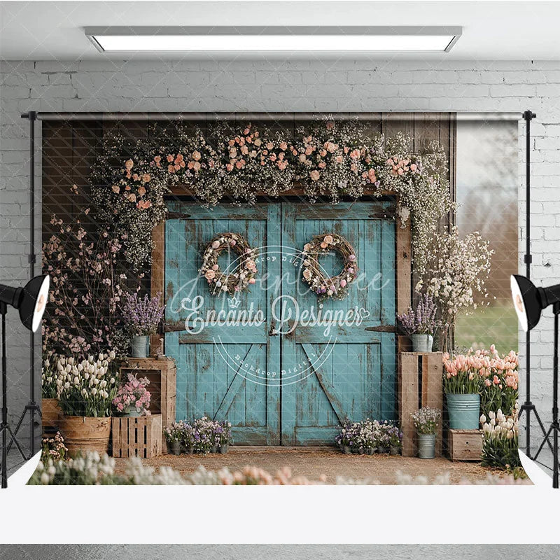 Aperturee - Aperturee Rustic Turquoise Barn Door Photography Backdrop Spring Floral Garden Theme for Easter Wedding Party
