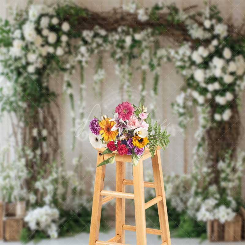 Aperturee Aperturee Rustic Vine Arch Wedding Photography Backdrop White Roses and Natural Greenery Country Barn Ceremony Photo Prop