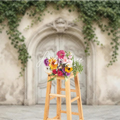 Aperturee - Aperturee Rustic Vintage Arched Door Photography Backdrop with Ornate Carvings Weathered Wall and Green Ivy Vines