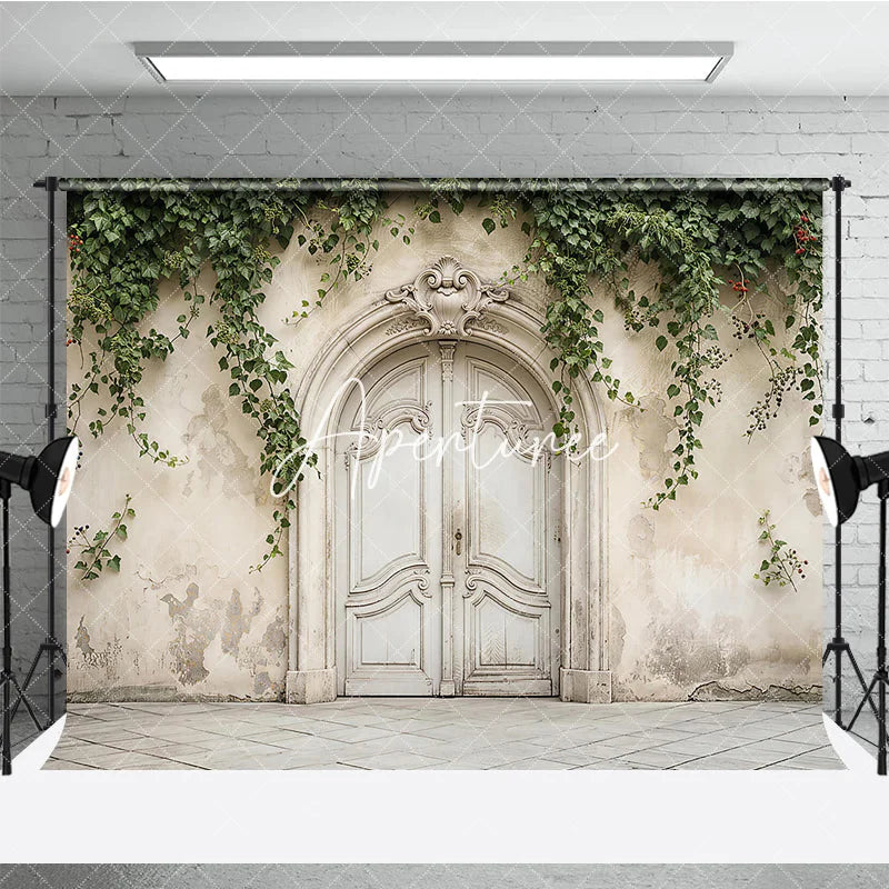 Aperturee - Aperturee Rustic Vintage Arched Door Photography Backdrop with Ornate Carvings Weathered Wall and Green Ivy Vines