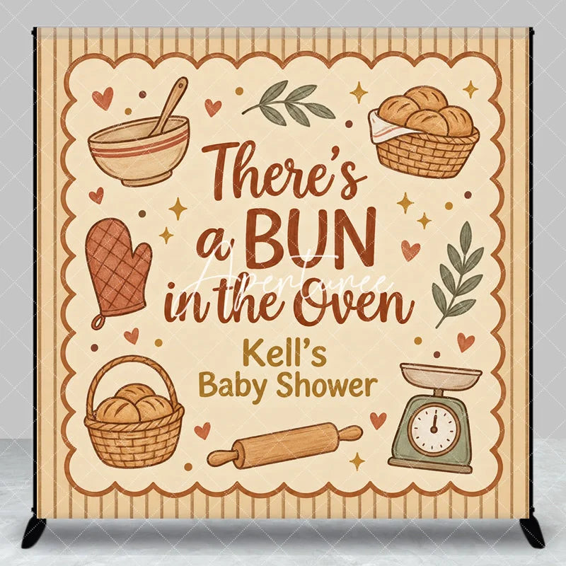 Aperturee - Aperturee Rustic Watercolor Baking Theme Bun in the Oven Custom Backdrop Personalized Baby Shower Photo Booth Decor