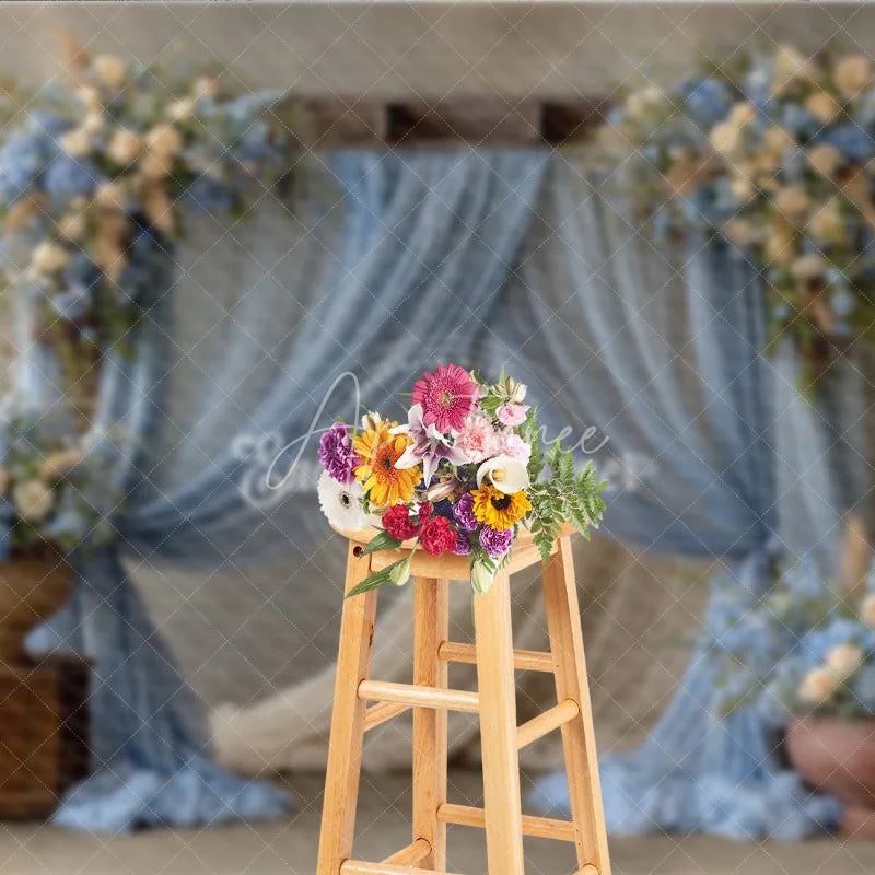 Aperturee - Aperturee Rustic Wedding Arch Backdrop Dusty Blue Drapes with Hydrangea Cream Rose Floral Decor for Bridal Shower